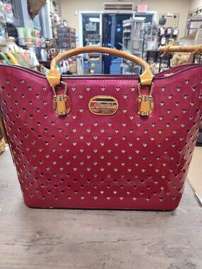 Brangio Italy Vinyl Red Handbag, Gold Lining, Die Cut Hearts, Large Shoulder Bag